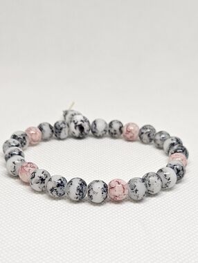 Black White Marble Bead Bracelet Pink Accent Stretch Minimalist